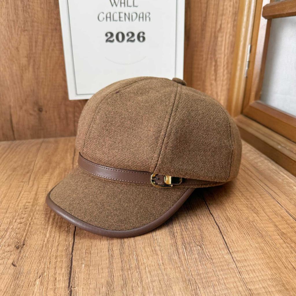 Hat Women's New Belt Buckle Octagonal Hat Literary Versatile Wide Brim Painter Hat Fashion Wool Beret