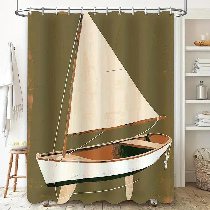 

Vintage Boat Sail Bath Curtain Waterproof Decor For Bathroom Showers Olive Green And White Classic Design Home Interior Decorati W60H190(CM)-1 Pcs