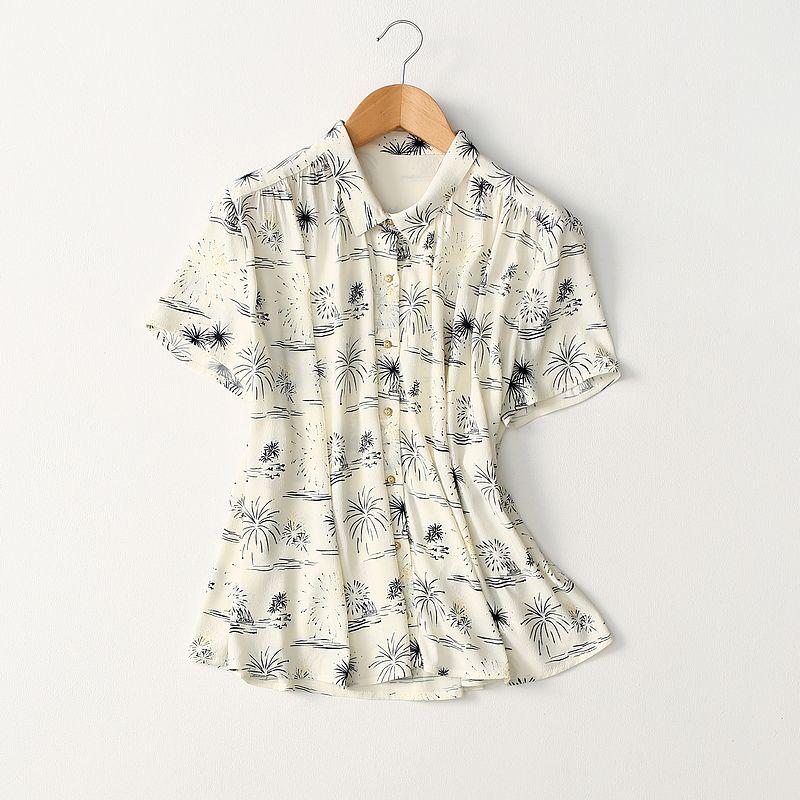 

Export Pure Yuan Simple Anti-Aging Loose Slim Looking Elegant Chinese Style Print Drape Viscose Short Sleeve Shirt for Women White Print T2(40)