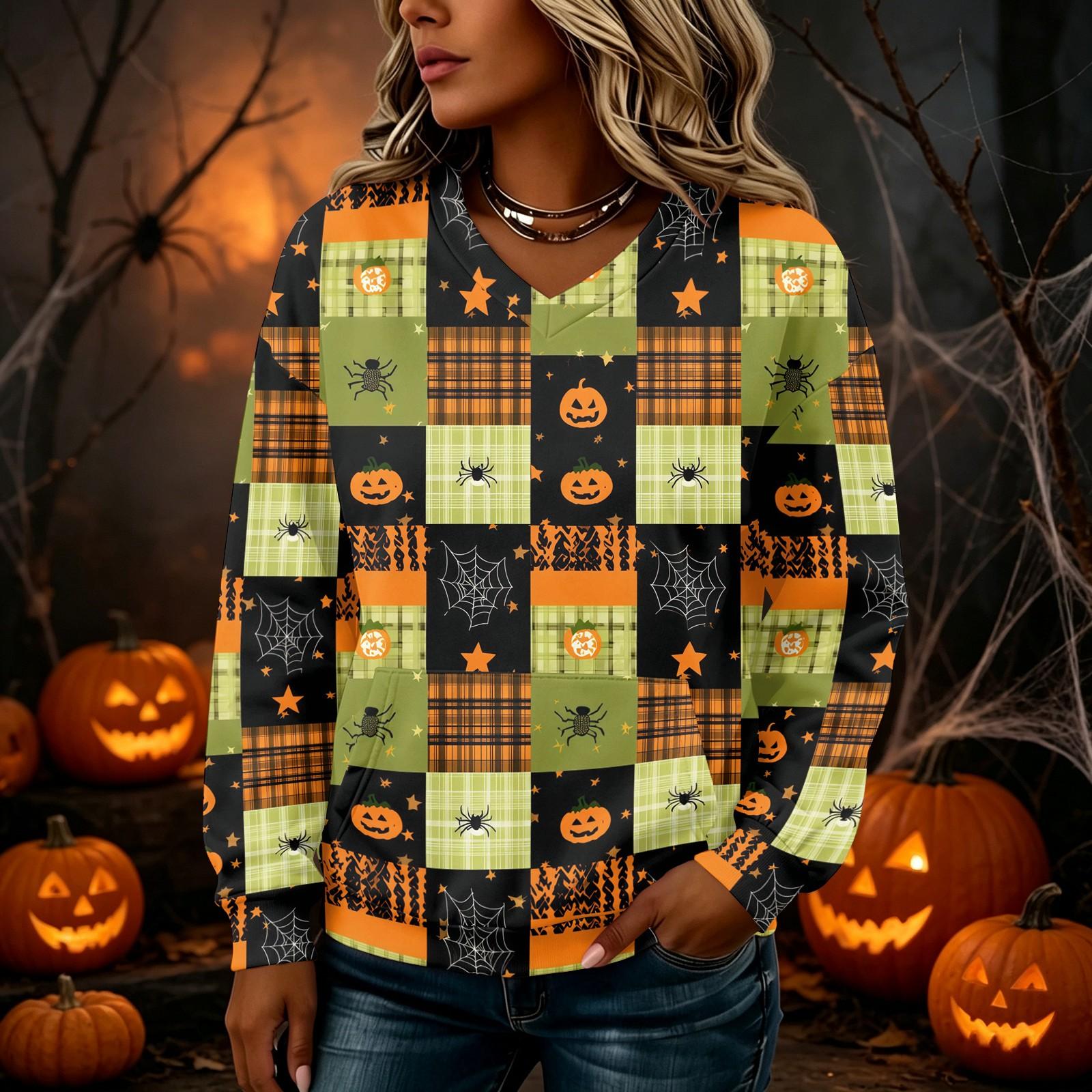 Women s V-Neck Long Sleeve Halloween Graphic Sweatshirt Lightweight Pullover with Pockets L