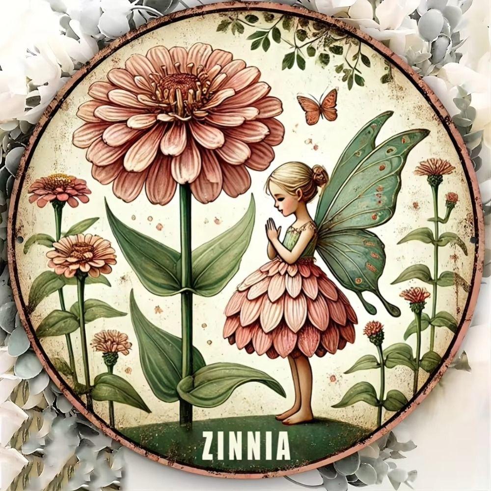 

Fairy Zinnia Butterfly Metal Wall Art Round Home Decor 20x20cm