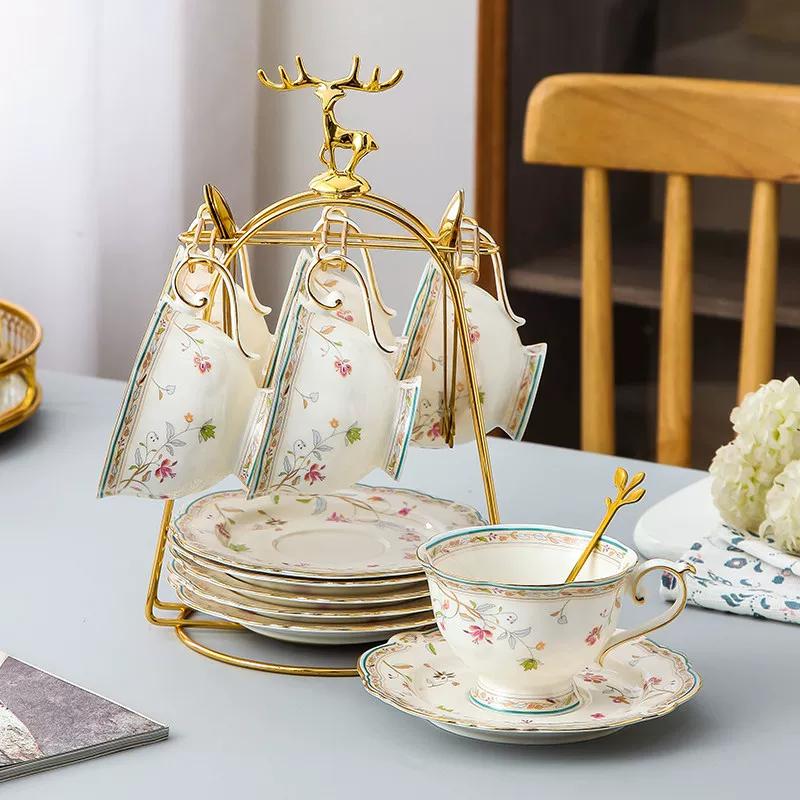 Vintage Floral Bone China Coffee Tea Set, Retro Rose Ceramic Teapot Cup Saucer, Elegant British Style Tableware for Afternoon Tea