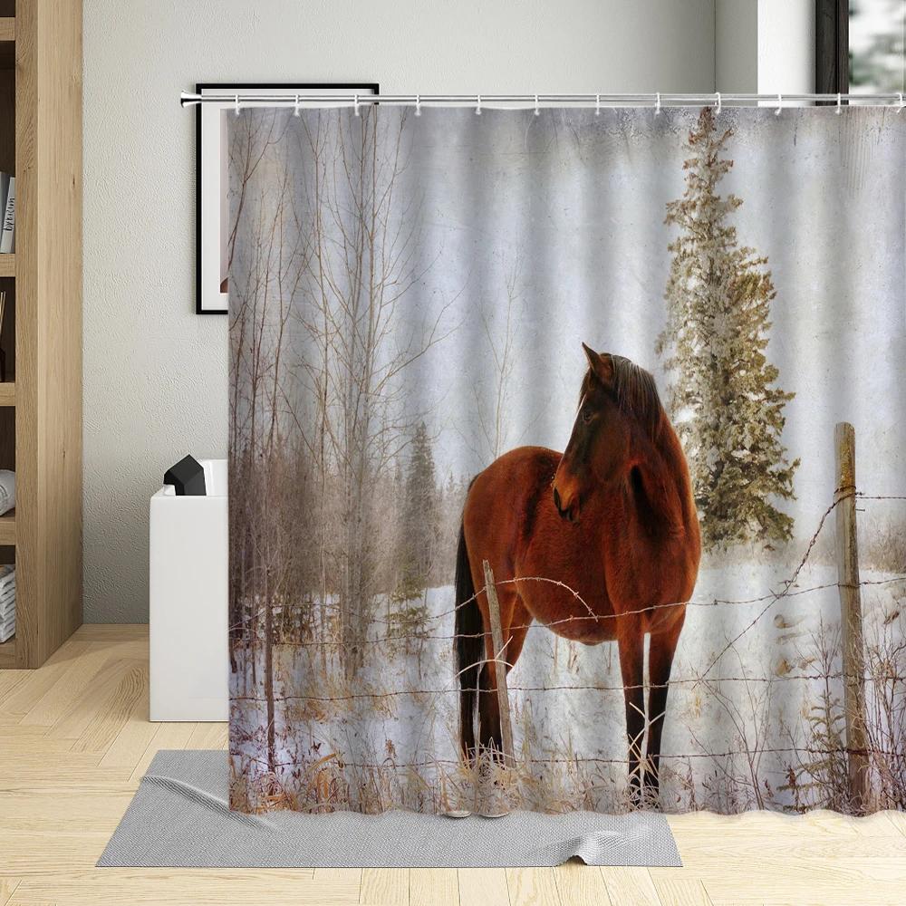 Grassland Animal Horse Shower Curtain Black White Horses Running Snowfield Horse Group Competition Bathroom Decor Curtains Hooks