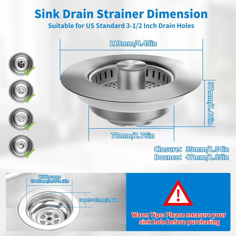 3-in-1 Stainless Steel Kitchen Sink Strainer - Pop-Up Stopper with Anti-Clogging Basket and Odor Filter, Easy Clean Drain Strain