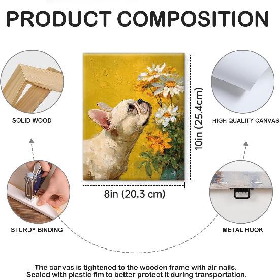 Vintage Floral French Bulldog Wall Art Print Dog Daisy Flowers Picture Painting Aesthetic Wall Decor for Home Living Room Bedroom 8x10 Canvas Framed