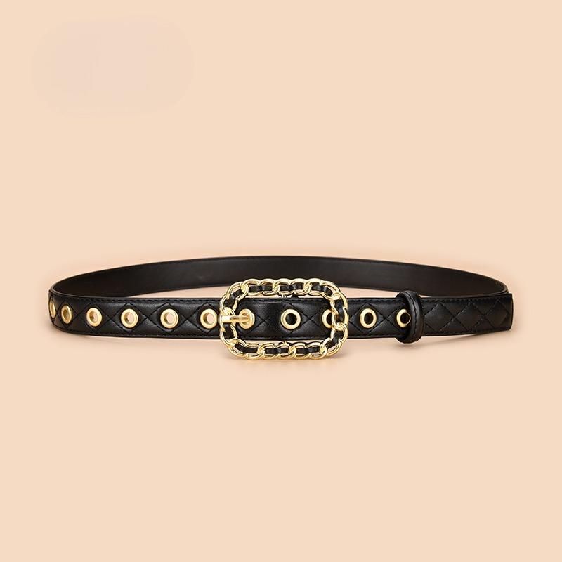 Belt, Jeans Trim Strap, Genuine Cowhide Fashionable Women's Pin Buckle Round Eye Hollow Nail Strap