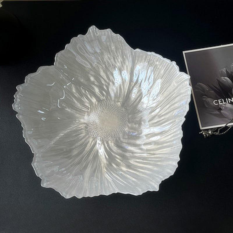 European Style Flower Crystal Glass Fruit Tray Large Household Simple Tea Tray Snack Tray Pearl White Simple Style