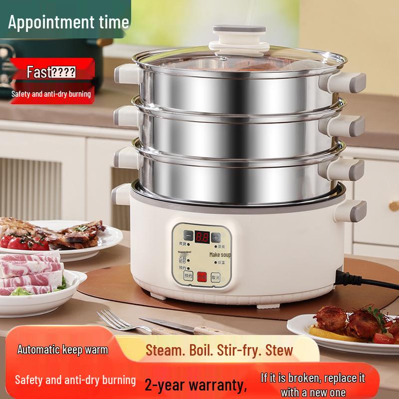 Vaporiera Elettrica a Tre Piani: Multifunzionale, Spegnimento Automatico, Grande Capacità, Timer, Pentola Elettrica Multi-livello, Cestello per Cottura a Vapore