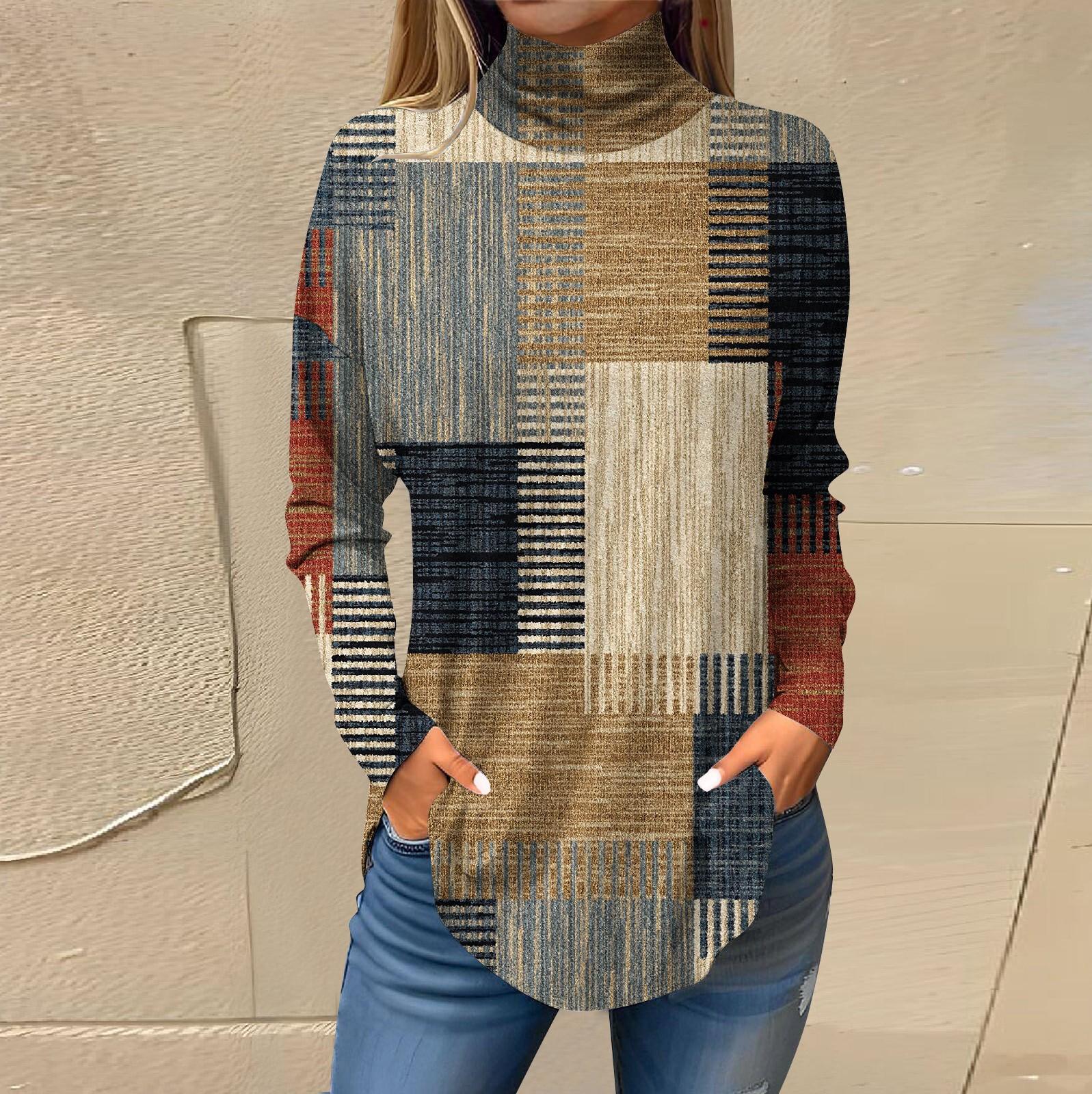 

Футболки для женщин, осенние повседневные рубашки с длинными рукавами, толстовка с винтажным принтом, топ с высоким воротом, пуловер XXL оранжевый