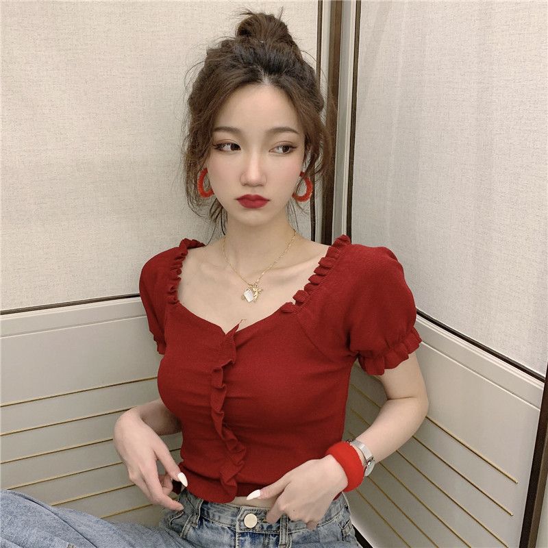 Summer Top Women's Korean Version Chic French V-neck Exposed Collarbone Short Sleeved T-shirt with Fungus Base Knitted Sweater