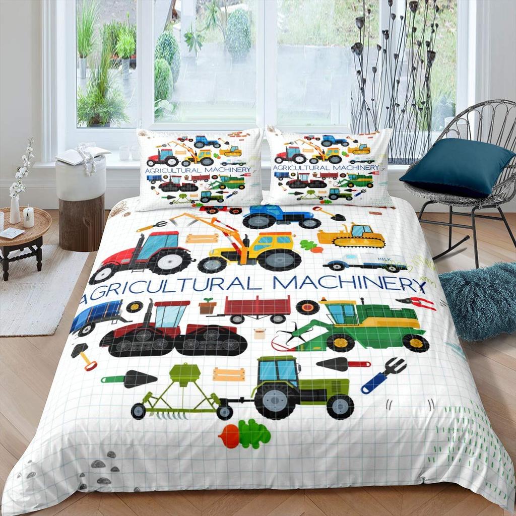 Excavator Duvet Cover Set Microfiber Tractor Truck Comforter Cover Twin Construction Vehicle Cartoon Bedding Set For Boys Teens