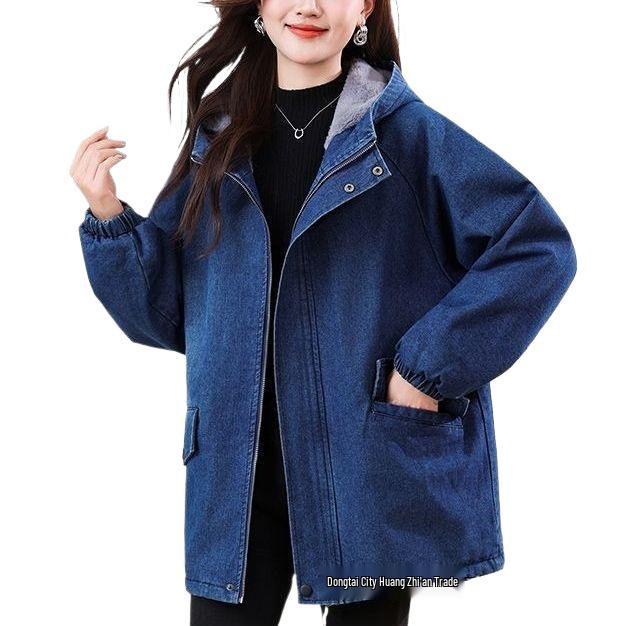 Damjacka i denim med huva och plyschfoder, medellång, stora storlekar, casual, Höst/Vinterkollektion 2025