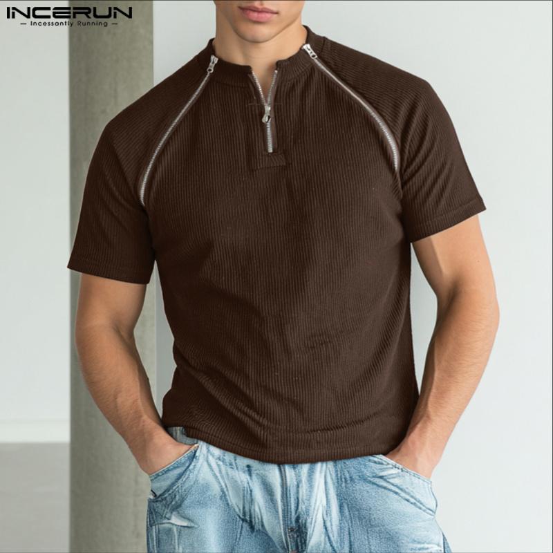 INCERUN Men Round Neck Short Sleeve Zipper Casual Fitted T-shirts