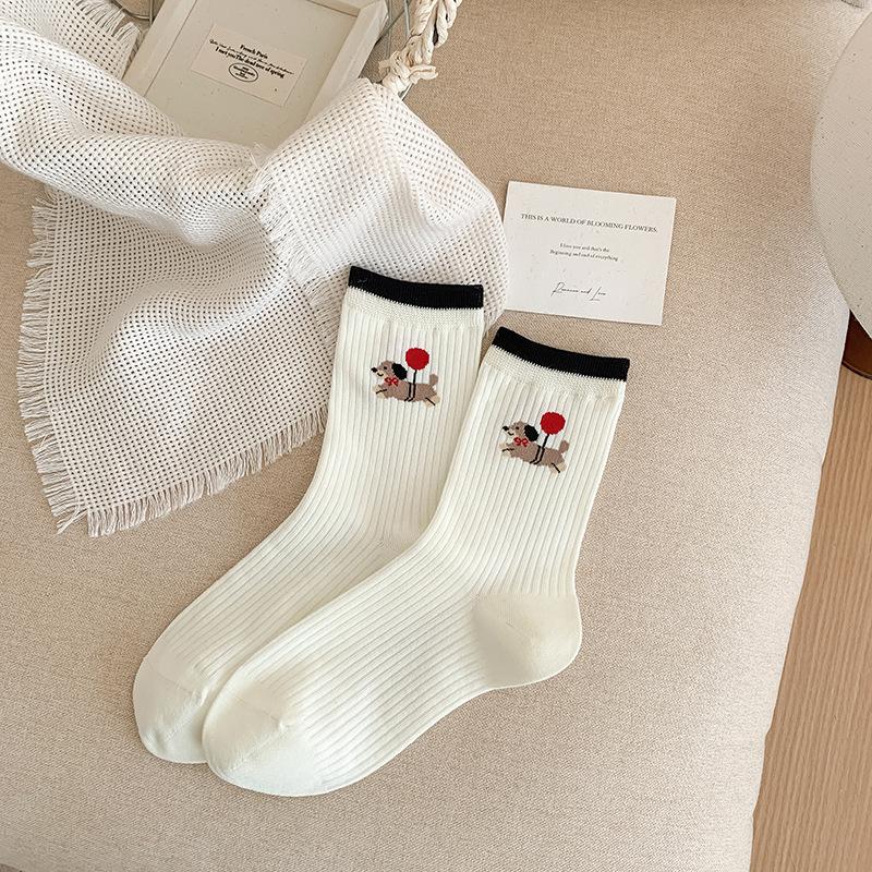 Puppy Socks, Women's Spring and Autumn Cotton Socks, Mid-calf Socks, Trendy and Breathable Cotton Socks, Cute Lace Bubble Opening Pile Socks