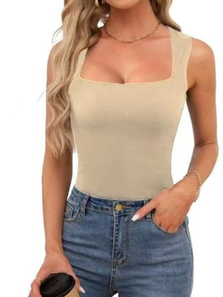 Nuevo Verano Amazon Nuevo Chaleco de Doble Capa sin Mangas Cuadrado para Mujer Camiseta Básica Ajustada Negra