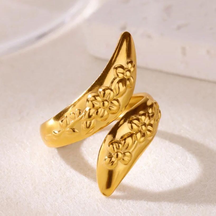 Geometric Flower Pattern Open Rings  Women Gold Color Stainless Steel Geometric Ring Jewelry Gift