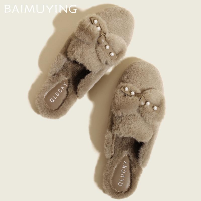 Schleife Perle Damen Flauschige Hausschuhe Fell Kurzer Plüsch Designer Baumwolle Pantoletten Schuhe 2025 Trend Winter Lässig Warm Zuhause Schnee Stiefel Frau
