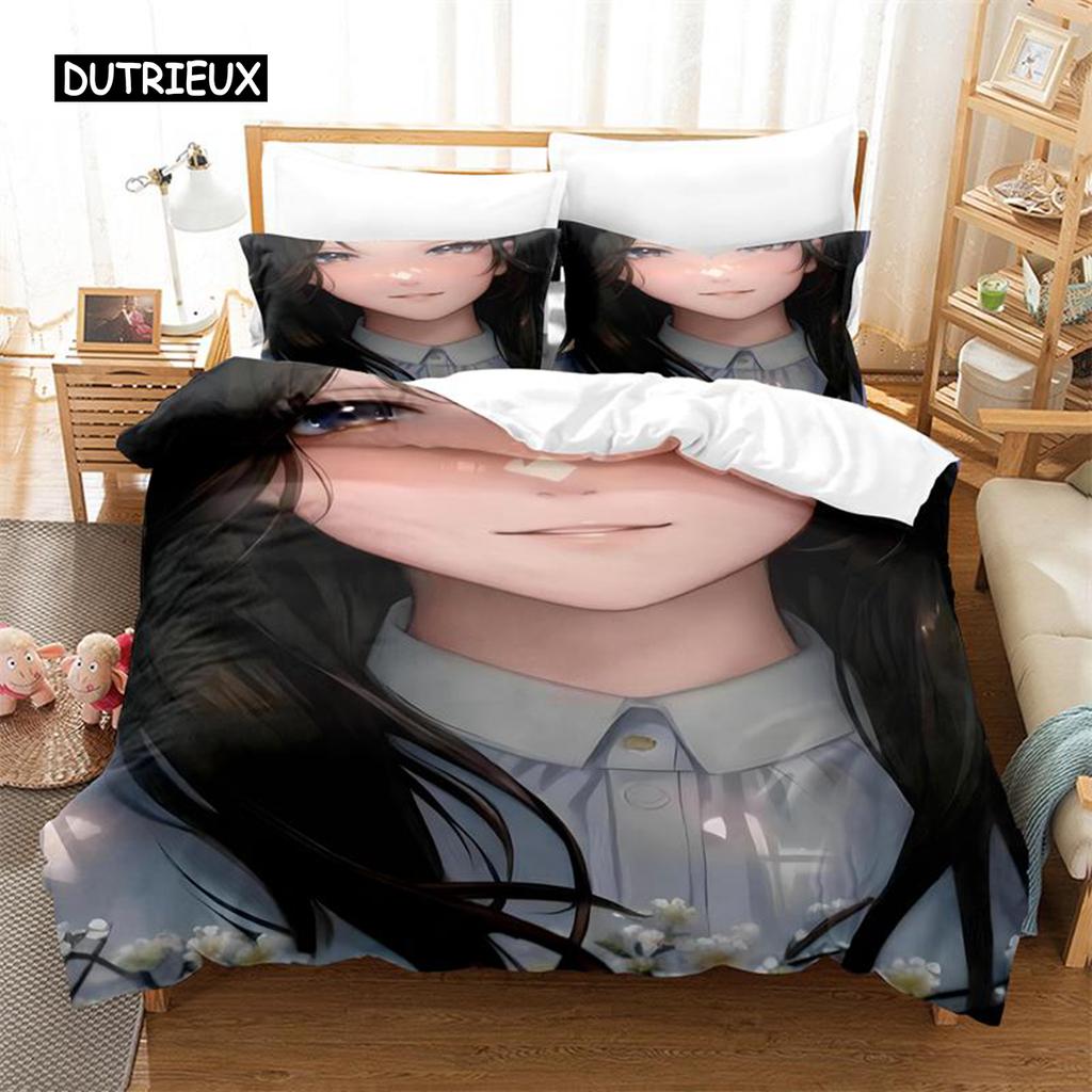 Zestaw pościeli Anime Girl Zestaw poszwy na kołdrę Pościel 3D Druk cyfrowy Pościel Rozmiar Queen Zestaw pościeli Projekt mody