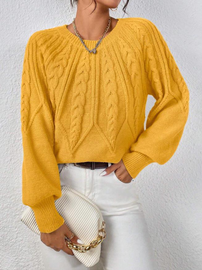 Women's Round Neck Cable Knit Sweater - Long Sleeve, Solid Color, Autumn Winter Versatile Pullover.