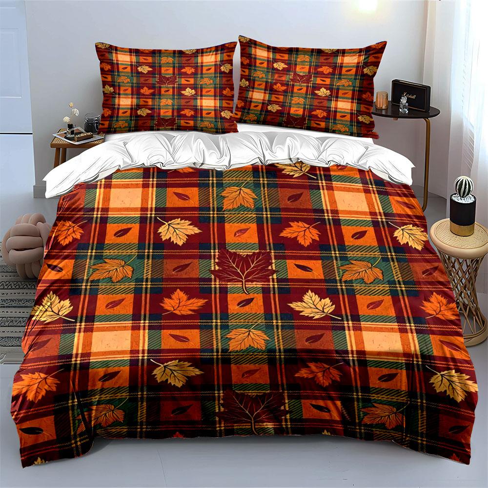 Plaid and Autumn Leaf Bedding Bedding Duvet Cover Set Duvet Cover Pillowcases (1 * Duvet Cover 2 * Pillowcases, Without Duvet Insert)