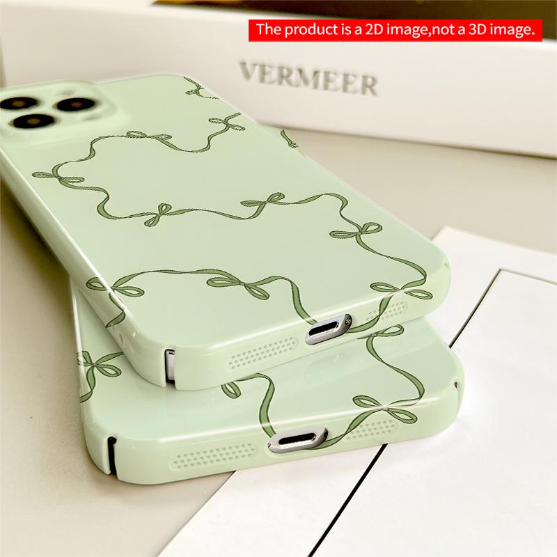 2DFlat Green Ribbon Bow Design All inclusive film hard iPhone case, compatible with iPhone 18 Pro Max 17 16 15 14 13 12 11