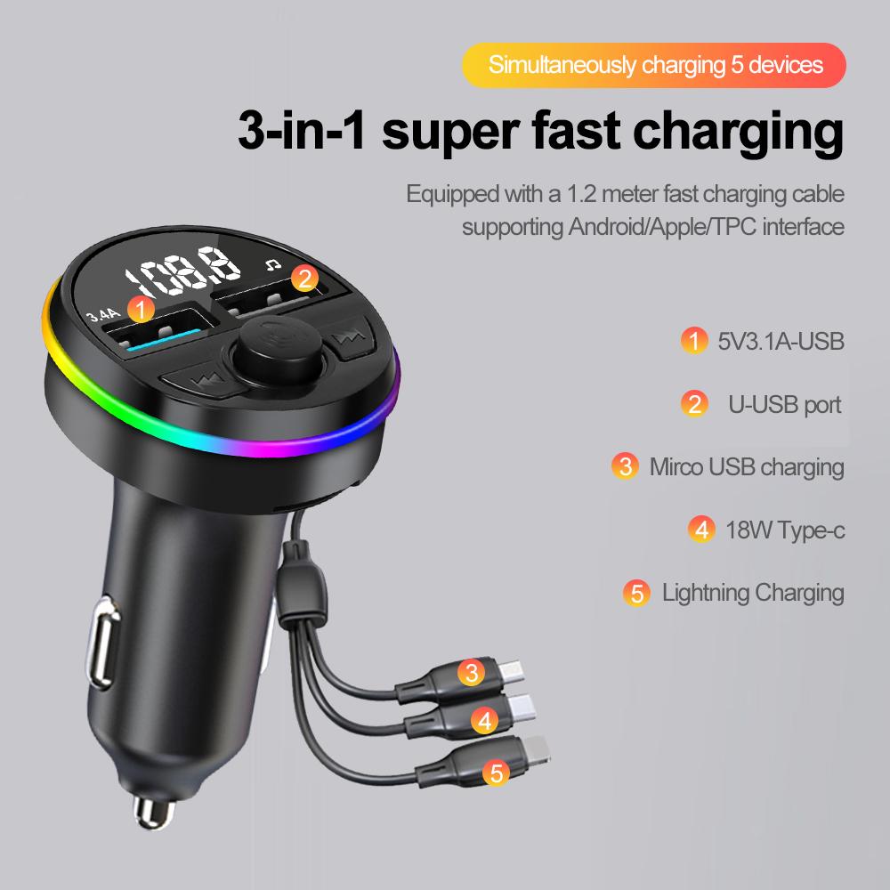 Car Fast Charger with 3 In 1 Cable Bluetooth 5.0 FM Transmitter Car Kit MP3 Modulator Player Handsfree Audio Receiver for Iphone Huawei Xiaomi