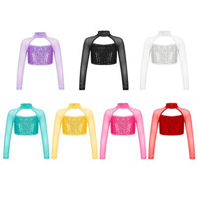 Kids Girls Stylish Clothing Long Sleeve Stand Collar Shiny Sequins Decorated Dance Crop Top