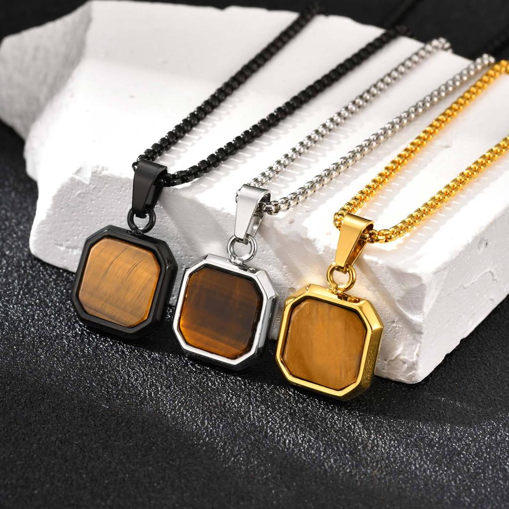 Stainless Steel Square Pendant Men, Sweater Stacked Necklace, Natural Tiger Eye Sweater Chain Nc-892