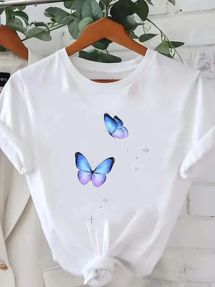 (Asian Size) cartoon lovely butterfly o-neck Lady Fashion Women Graphic Tee Short Sleeve T-shirts Casual Clothing Printed Female Top T Shirt