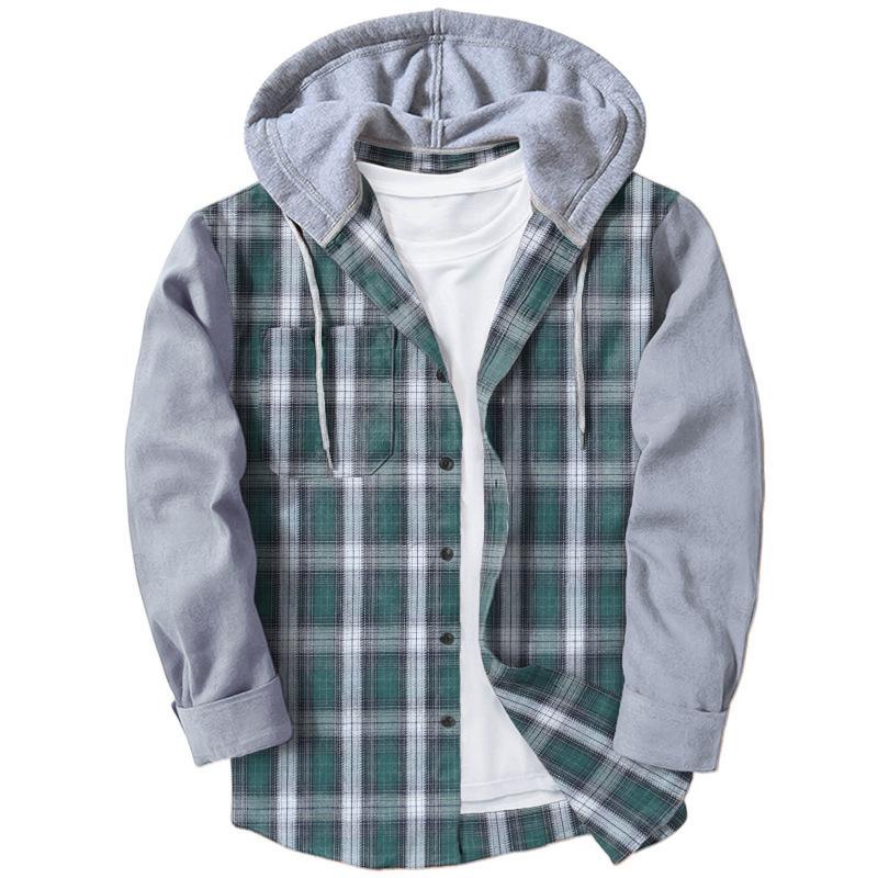 Plaid Men's Shirt Contrast Color Long Sleeve Cardigan Hooded