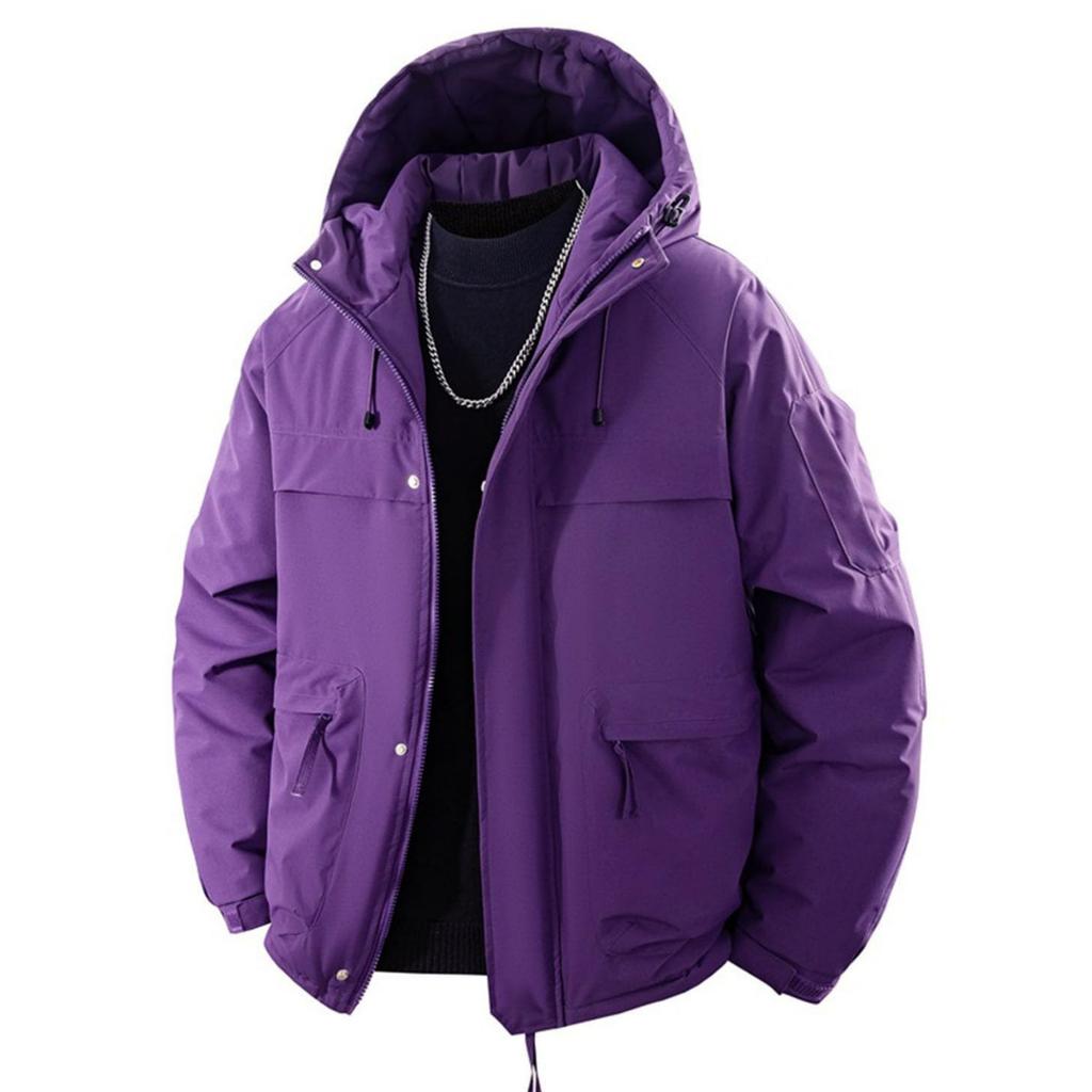 Men's And Women's Casual Solid-color Warm Graphene Hooded Cotton-padded Jacket, Men's Outdoor Large Pocket Workwear Thickened Down Jacket