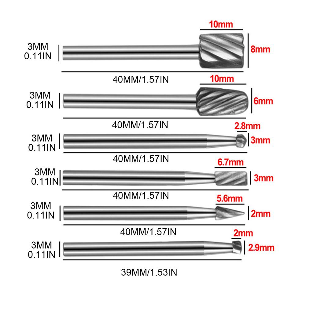 6Pieces Carbides Rotary Burr Set Die Grinder Bit 3mm Shank Grinder Drill Rotary Burrs Cutting Burs Metal Polishing