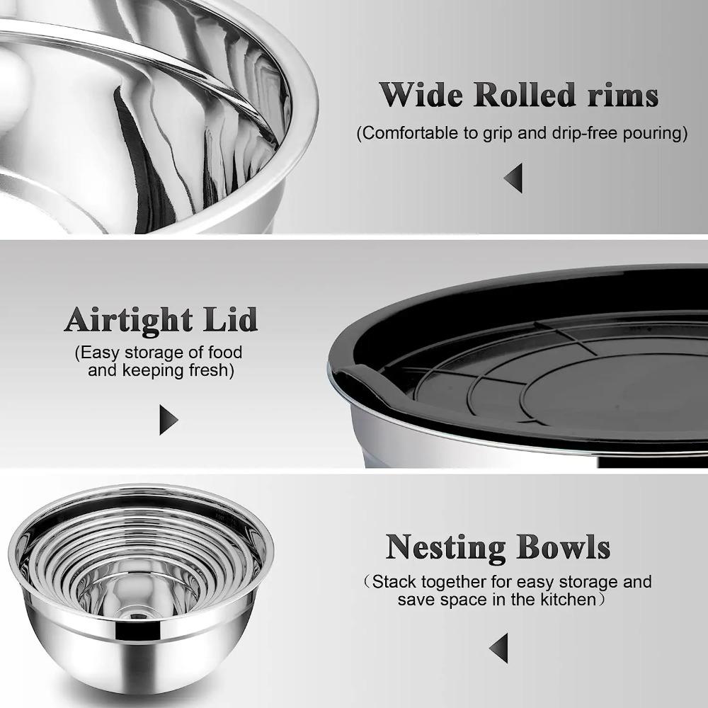 Mixing Bowl Set of 5, Stainless Steel Metal Nesting Salad Bowl with Lid Set, Non-Toxic & Durable, Airtight Lid & Easy Clean