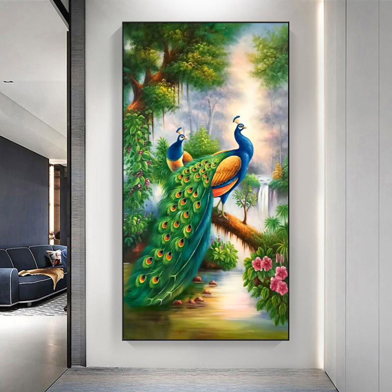 New Chinese Style Light Luxury Peacock Phoenix Canvas Painting Wall Art Abstract Golden Animal Posters for Porch Room Wall Decor