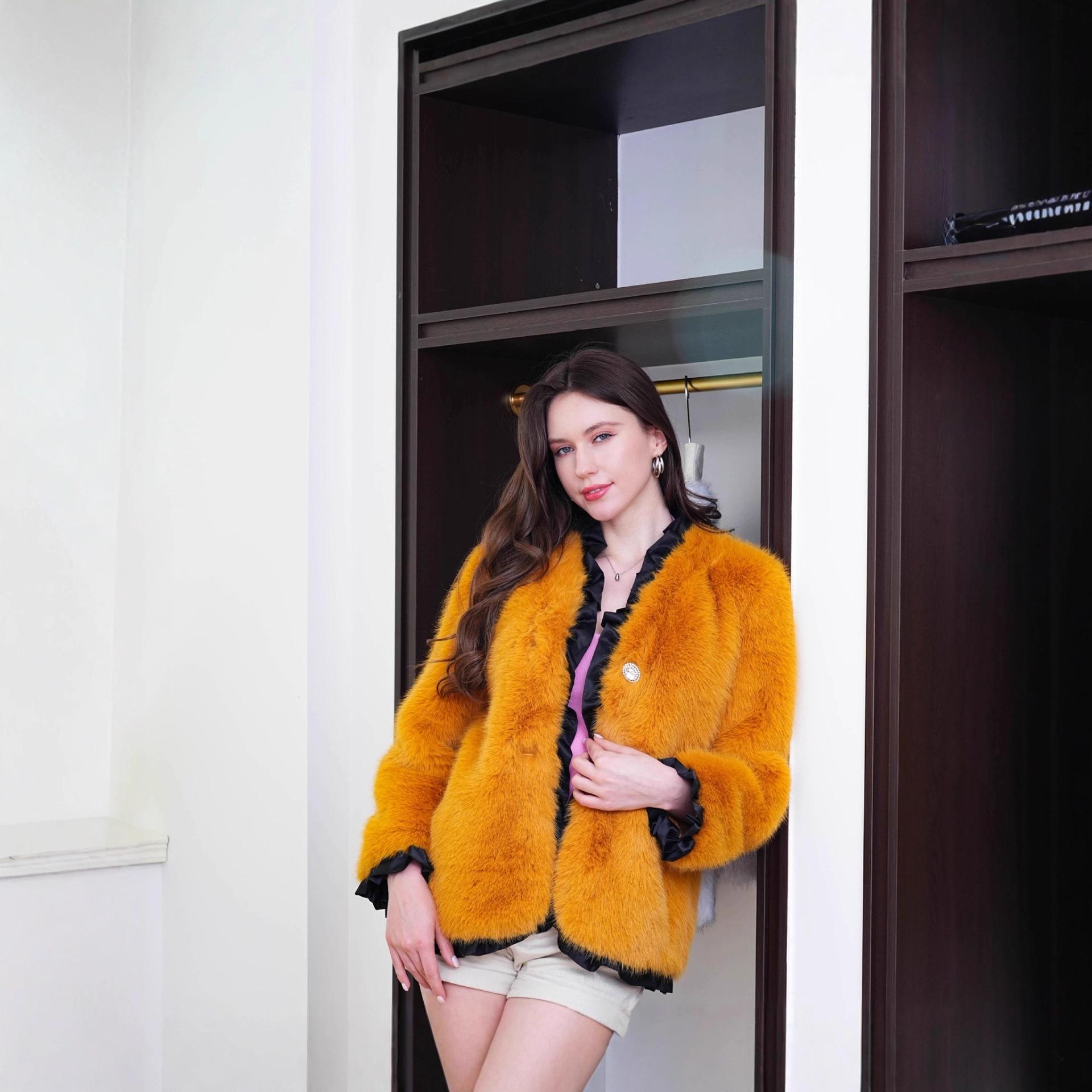 

Long Sleeved Short Solid Color Large Jacket Round Neck Women s Faux Fur one size fits all помаранчевий