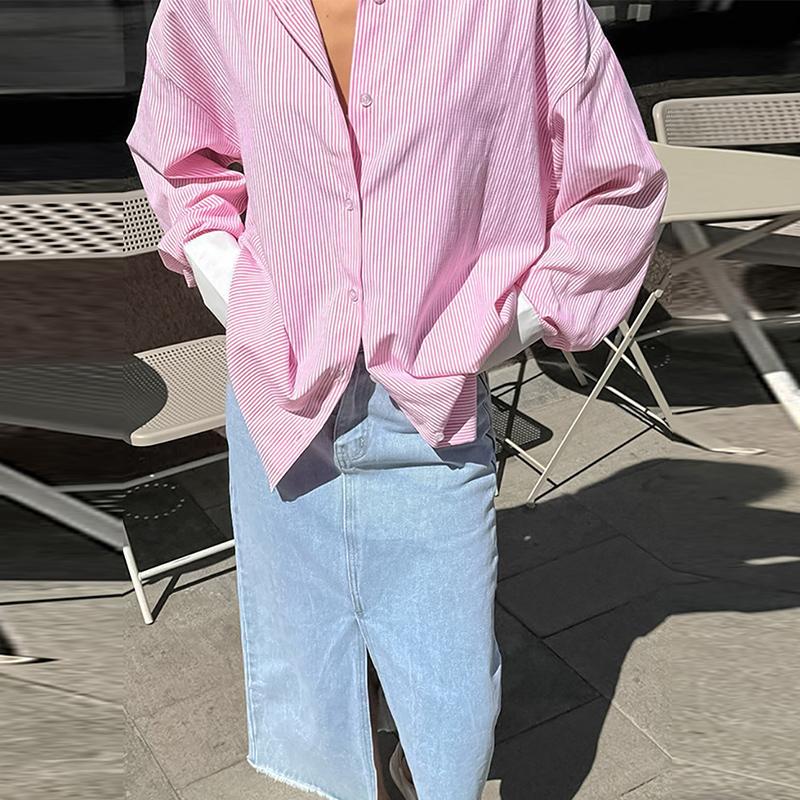 Casual Vintage Striped Long Sleeve ShirtsWomen Loose Lapel Single Breasted Oversize Blouse Fashion Versatile Daily Tops
