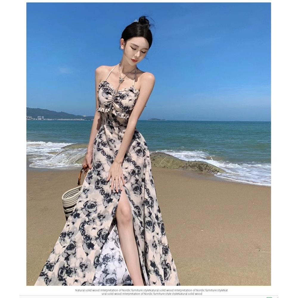 Fustă de vacanță la mare rochie florală cu bretele de vară nouă spate gol gât temperament rochie lungă femei