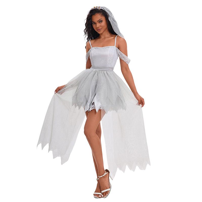 Bride Ghost White Gauze Long Dress Cosplay Costume Halloween Party Play Role