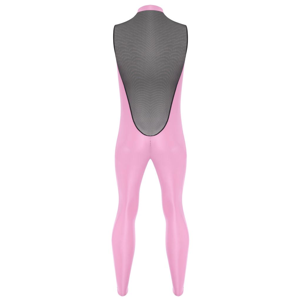Mens Glossy Sheer Mesh Jumpsuit Front Zipper Sleeveless Design Zipper Crotch Long Leg Catsuit