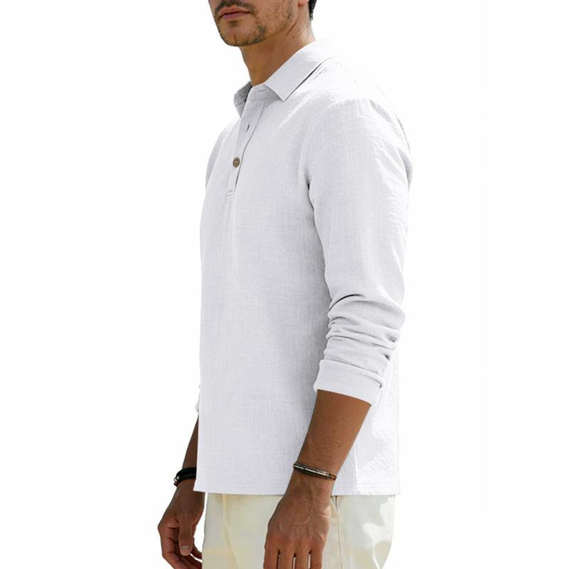 Spring Loose-Fit Solid-Colour Collared Casual Business Men's Long-Sleeved Linen Polo Shirt