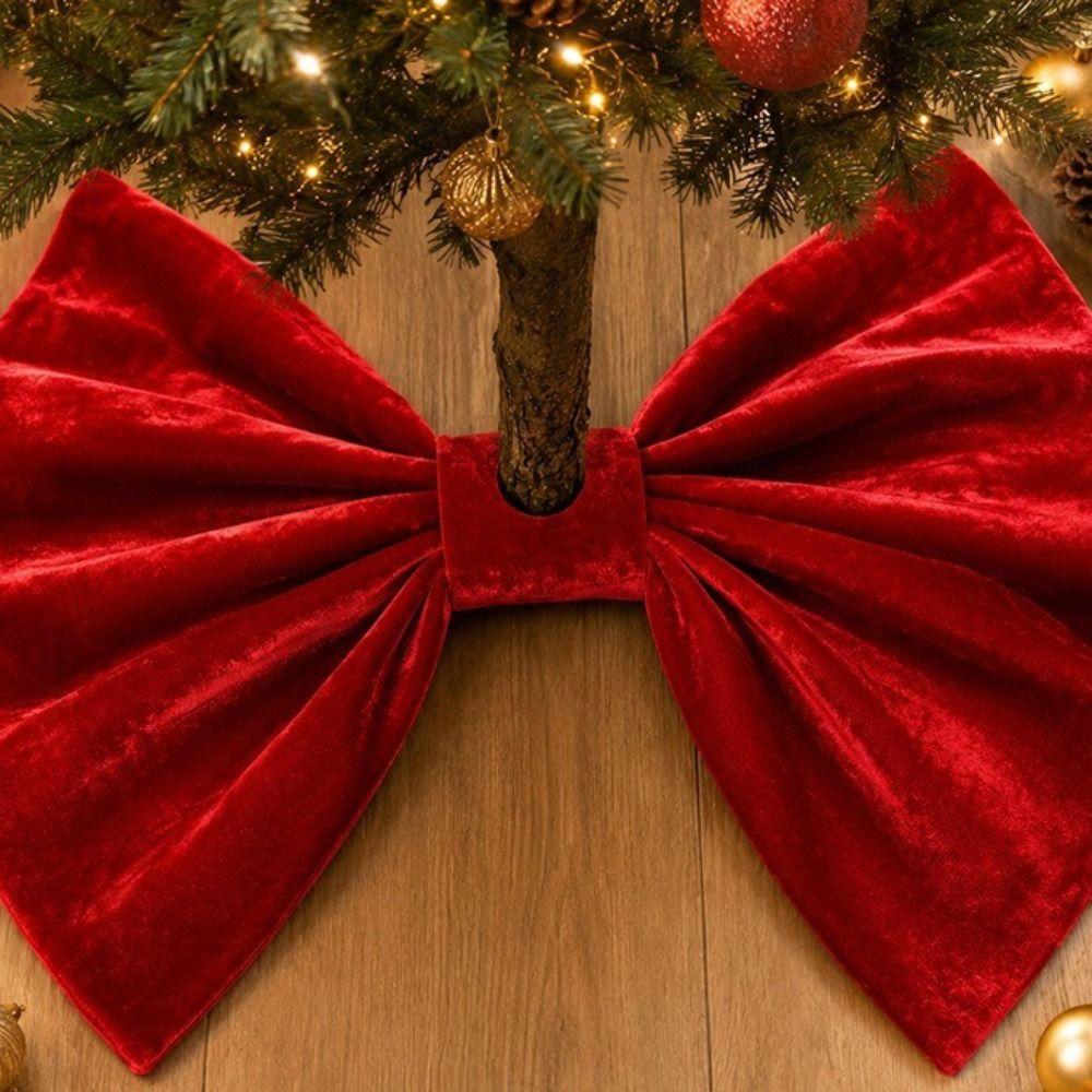 Red Bow Design Bow Tree Skirt Carpet 1pc Set Tree Base Cover Christmas Tree Skirt Winter Season
