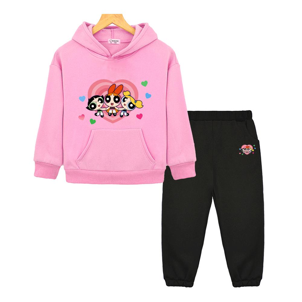 

2pcs pullover+pant powerpuff girls anime hoodie Fleece sweatshirt Cartoon jacket kid boutique clothes girl boy Sport Hooded Sets 130 розовый