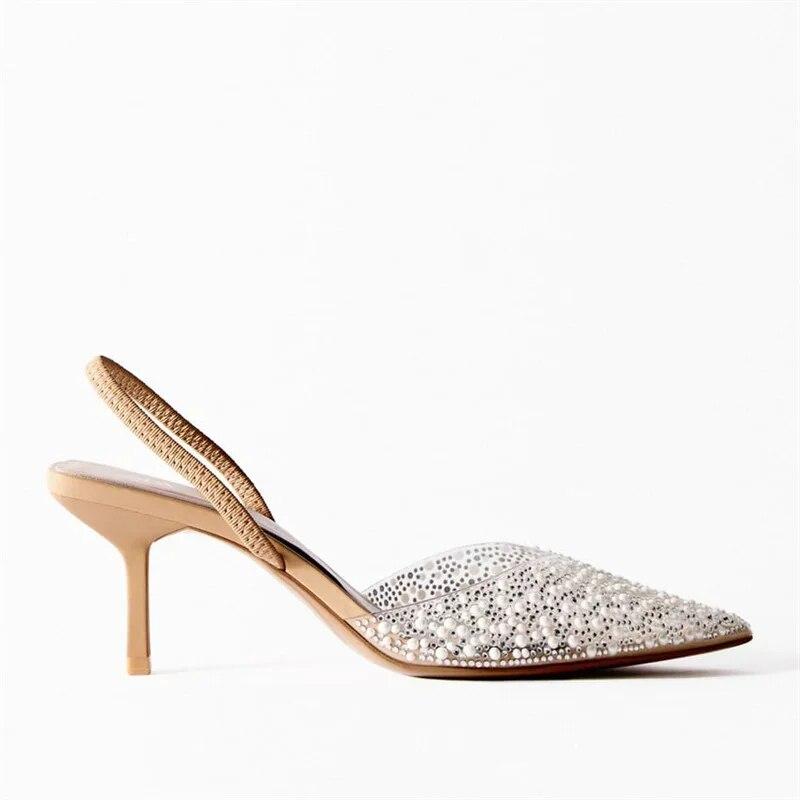 Women's Pointed Head High Heeled Sandals Summer 2024 Sexy Woman Shoes Fashion Pearl Decoration Slingback Woman Pumps