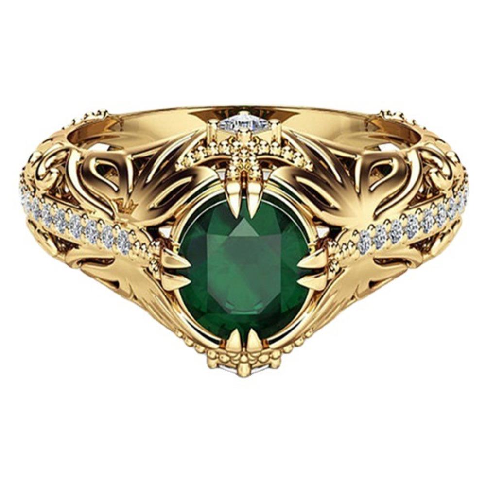 WOSIKATE Vintage Emerald 14K Yellow Gold Plated Ring For Women Fashion Jewelry Luxury Engagement Ring Accessories