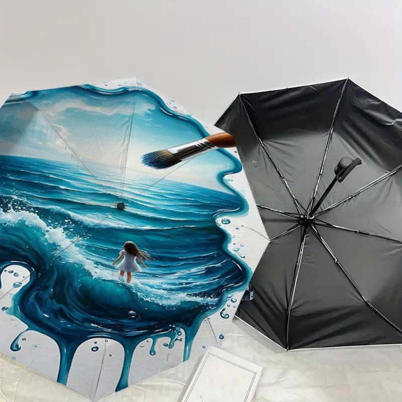 1pc Paintbrush Ocean Automatic Open/Close Umbrella Compact Folding Umbrella with 8-Rib Shaft for Women/Men, Portable Travel Umbrella,1202S