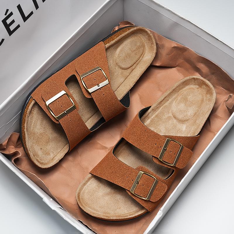 Men Slip On Cork Sandals Clogs Slide Slippers With Double Buckles Suede Leather Comfort Footbed Classics Health Soles Summer