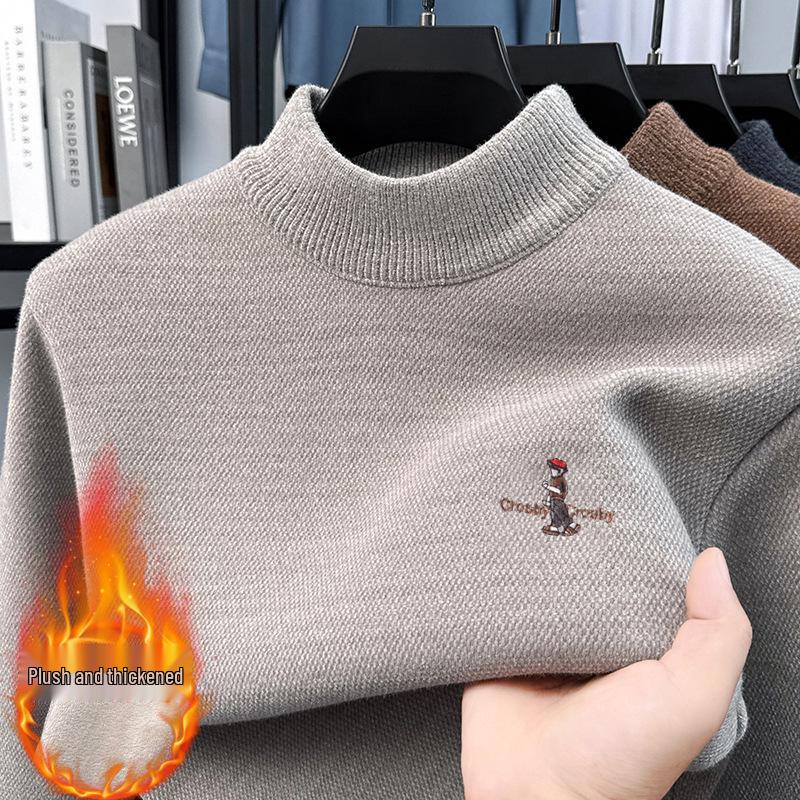 Men's Fleece-Lined Half-High Neck Knitted Sweater - Warm Embroidered Autumn/Winter Base Layer