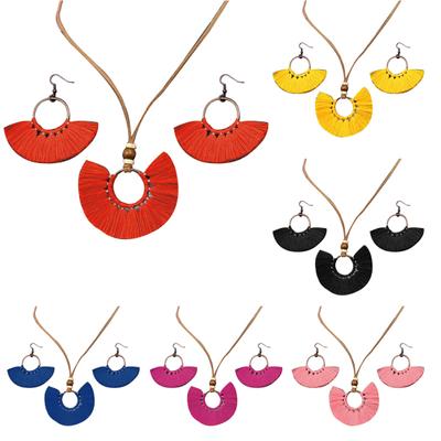 Vintage Fan Shape Tassel Circle Pendant Necklace Hook Earrings Women Jewelry Set