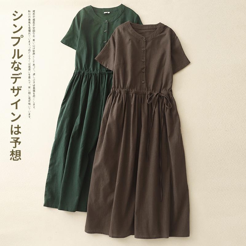 Summer Linen Cotton Solid Color Dress Short Sleeved Round Neck Waist Cinched Mid Length Skirt for Women