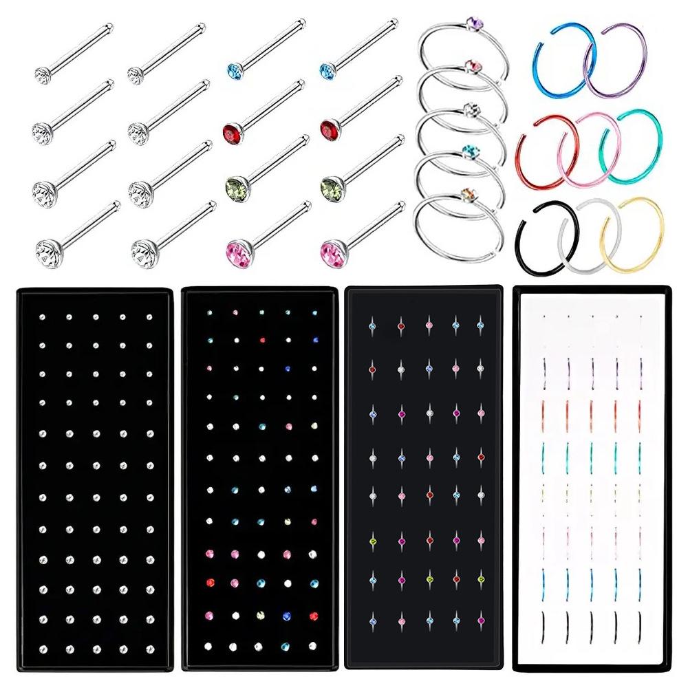 Stainless Steel Boxed Nose Studs and Rings: 60/40 Pieces, 1.5-3.0mm, Straight & L-Shaped Bar